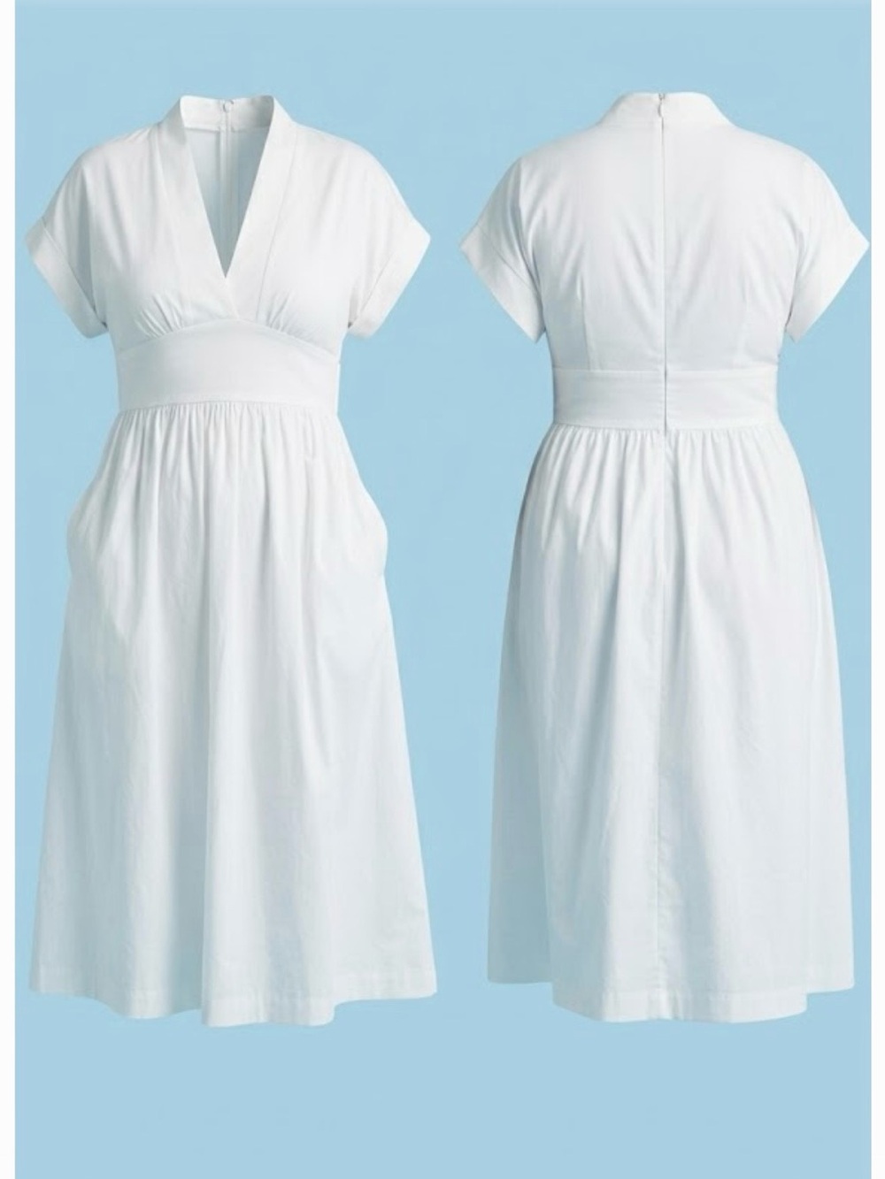 ANTONIO MELANI White Empire- Waist V-Neck Midi Dress with Pockets. Size 12. - Picture 4 of 13